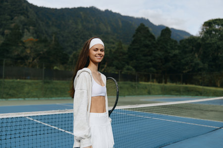 Female tennis player smiling on the court, wearing athletic attire with a headband, showcasing confidence in a vibrant outdoor settingの写真素材
