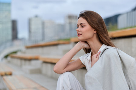 Confident woman in business attire sitting outdoors, showcasing professionalism and poise in a modern urban environment.の写真素材