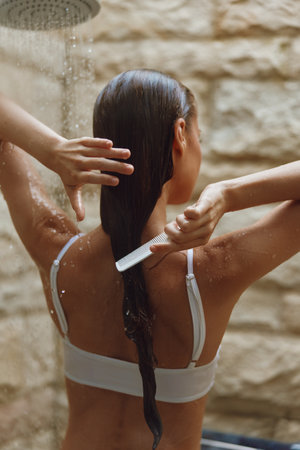 Woman combing wet hair under warm outdoor shower with stone wall background, natural light enhancing smooth skin and relaxed summer atmosphere.の写真素材