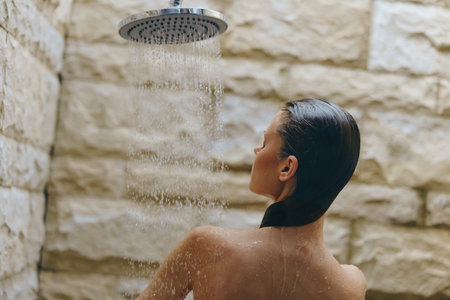 Woman enjoying outdoor shower with water falling, natural stone background, wet hair, relaxation, wellness, summer vibeの写真素材