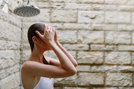 woman showering outdoors under rain showerhead, wet hair, natural stone wall background, calm and refreshing moment in natural light bathing sceneの写真素材