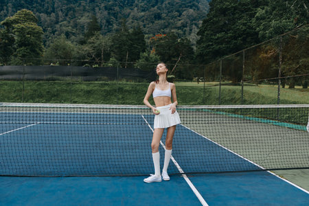 Young athletic woman in sporty tennis outfit posing confidently on a tennis court, showcasing summer vibes and a healthy lifestyle with vibrant green backgroundの写真素材