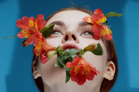 A serene female model with red hair surrounded by vibrant flowers, conveying emotions of tranquility and natural beauty against a blue backgroundの写真素材