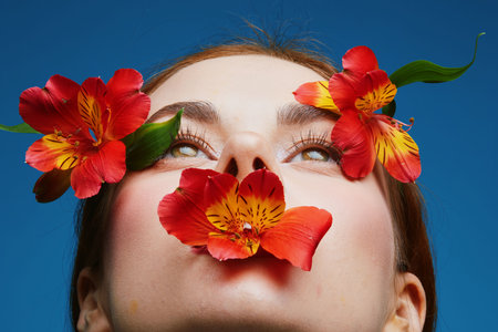 Young woman with vibrant flowers in her hair, showcasing a joyful expression against a bright blue background, representing beauty and nature in a colorful and artistic conceptの写真素材
