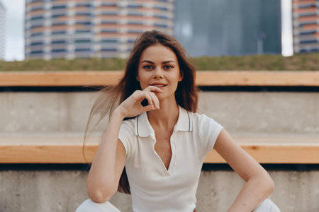 Confident woman in business attire sitting outdoors, radiating positivity and professionalism...