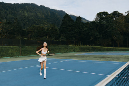 Young female athlete enjoying a game of tennis on outdoor courts, wearing a sporty outfit, radiating happiness in a vibrant green landscapeの写真素材