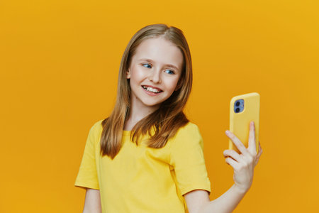 Cheerful young girl taking a selfie with a yellow phone against a vibrant yellow background, expressing joy and positivity in a playful, sunny moodの写真素材
