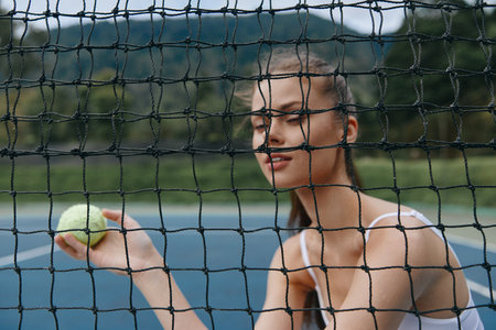 Young female tennis player smiling and holding a tennis ball behind the net on a sunny day, showcasing confidence and athleticism in a vibrant sports settingの写真素材