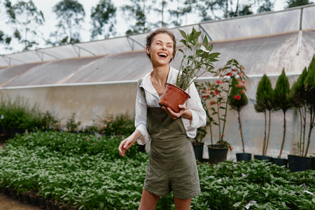 Happy young woman in gardening overalls holding a potted plant in a greenhouse filled with greenery, representing joy and connection to nature during gardeningの写真素材