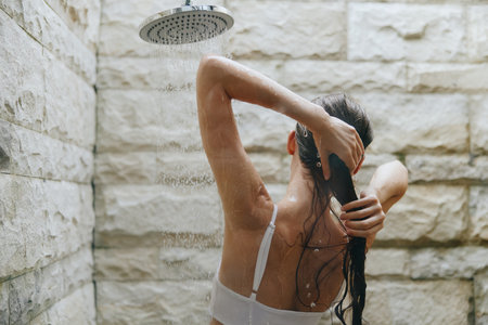 woman washing hair under indoor shower with stone wall background, wet long hair, skin care routine, relaxation moment in bathroom, natural lightの写真素材