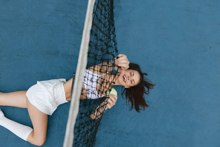 Young female tennis player joyfully lying on the court, holding a tennis ball, wearing sports attire, showcasing athleticism and happiness in a vibrant outdoor settingの写真素材