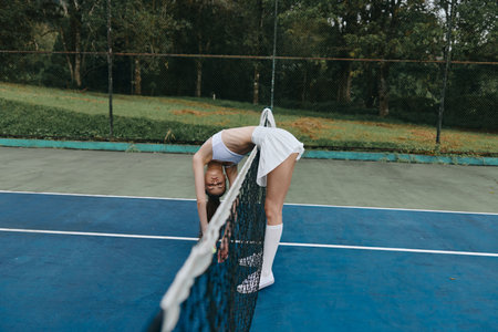 Young athletic woman in white sportswear stretching over a tennis net on a sunny day, showcasing...