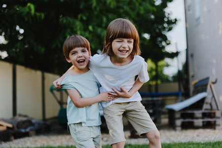 Two joyful children playing outdoors, showcasing a bond of friendship and happiness. They are wearing casual summer clothing, delighting in their playful moment.の写真素材