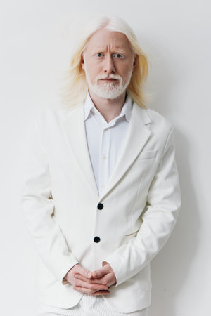 Elderly man with white hair and beard, dressed in a white suit, standing against a light background,...