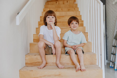 Two smiling boys happily sitting on wooden stairs, showcasing warmth and friendship in a bright, modern home setting filled with natural light.の写真素材