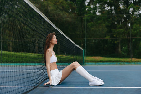 Young athletic woman in white sportswear relaxing on the tennis court, exuding confidence and determination in a lush green environmentの写真素材