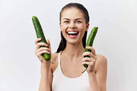 Smiling woman holding cucumbers with a cheerful expression on a light background, embracing healthy eating and lifestyle conceptsの写真素材
