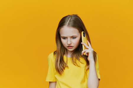 Young girl with long brown hair in a yellow shirt looking concerned while holding a yellow phone against a vibrant yellow background, expressing emotions of worry and anxietyの写真素材