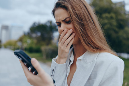 Woman stressed by financial crisis holding phone outdoor worried about stock market fall in white blazer autumnの写真素材