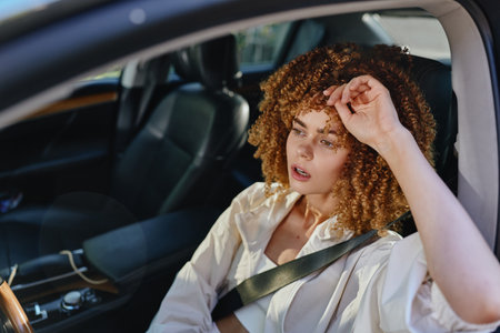 young woman with curly hair sitting in car wearing seatbelt, looking tired and wiping forehead, casual white shirt, sunlight through windowの写真素材