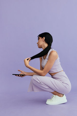 Young woman squatting while holding her long hair and smart phone against a soft purple background,...
