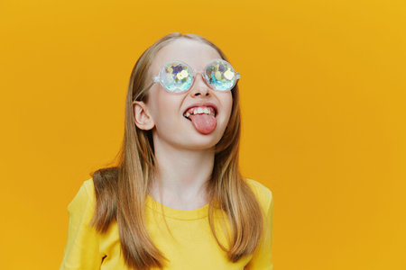 A playful young girl with sunglasses sticking out her tongue, wearing a bright yellow t shirt...
