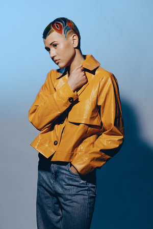 young woman with artistic shaved hairstyle wearing a glossy mustard jacket and denim pants, posing...