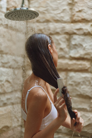 Woman washing long wet hair under shower with stone wall background, wearing white top, natural light creating a calm and refreshing atmosphere.の写真素材