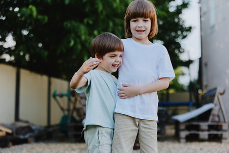 Two joyful boys standing together outdoors, smiling and enjoying their time. Their playful expressions capture the essence of friendship in a sunny atmosphere.の写真素材