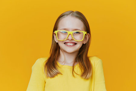 Happy young girl with glasses smiling against a bright yellow background, wearing a yellow sweater, embodying joy, creativity, and youthfulnessの写真素材