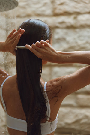 Woman combing long wet hair under warm outdoor shower, natural light, bare skin, peaceful moment, summer wellness and self-care routine.の写真素材