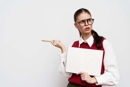 young woman with glasses holding a blank notebook, looking surprised, wearing a red sweater over a white shirt, against a plain white background, concept of education and learningの写真素材
