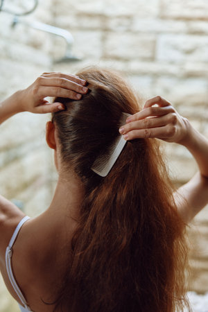 Woman combing long thick hair in a bright bathroom with natural light, showing careful grooming and hair care routine.の写真素材
