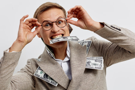 A humorous businesswoman with short hair and glasses wearing a beige suit, holding her head, with dollar banknotes sticking out of her mouth and shoulders, expressing surprise and confusion, isolated on plain white background, studio portrait.の写真素材