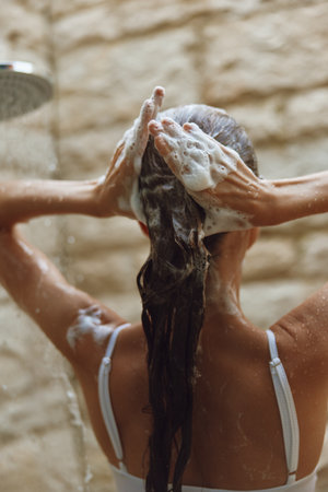 woman washing hair in shower with shampoo foam, rear view under warm water, wet skin and long dark hair, natural stone background, personal hygiene conceptの写真素材