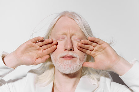 Portrait of an individual with light hair and beard, eyes closed, hands gently touching the face...