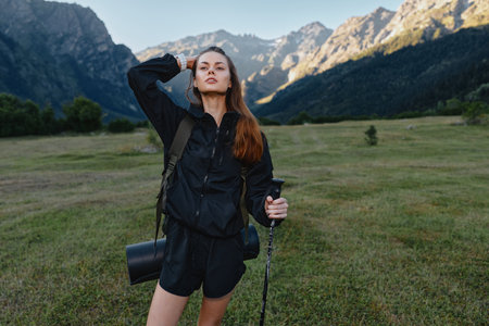 A confident hiker stands in a scenic mountain meadow with a backpack and trekking pole, embracing...
