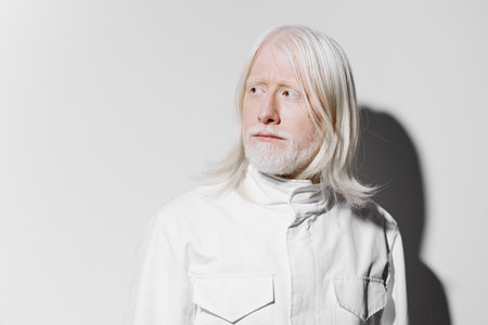 Elderly man with long white hair and beard wearing a white shirt against a minimalistic white...