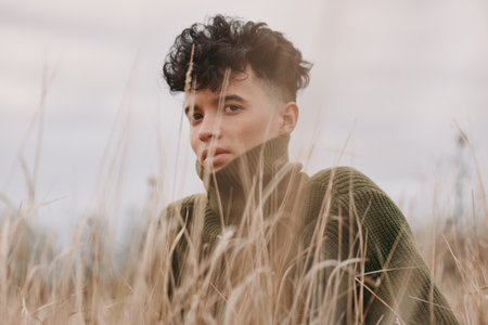 Authentic portrait of a young person in a field, close in on tall grass, natural light, honest...