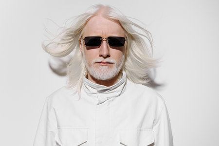 Portrait of a stylish older man with long white hair and sunglasses, wearing a white jacket, against...
