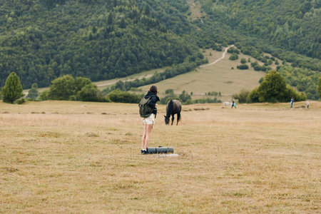 A solitary traveler with a backpack stands in a wide open field, observing a calm horse in the...