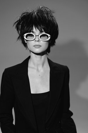 Black and white portrait of a stylish woman wearing white sunglasses and a black outfit with short messy hair.の写真素材