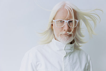 Stylish man with long white hair and glasses against a light backdrop, conveying a modern and artistic vibe, perfect for lifestyle and fashion contexts Unique tone and expressionの写真素材