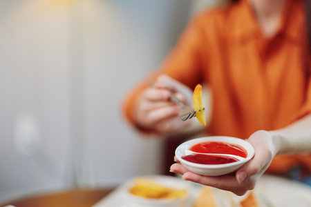 Young adult enjoying fresh potatoes with dipping sauce, highlighting a casual dining experience and vibrant colorsの写真素材
