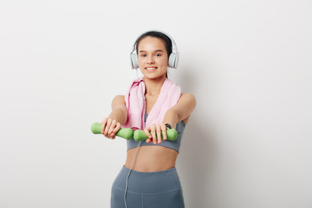 Young woman fitness exercising with small green dumbbells, wearing gray sports bra and leggings, pink towel over neck, white headphones, smiling against a clean white background.の写真素材