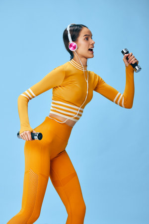 Female fitness scene: woman in vibrant orange activewear lifting dumbbells while wearing headphones, striking a dynamic running pose in a minimalist studio with a clean blue background.の写真素材