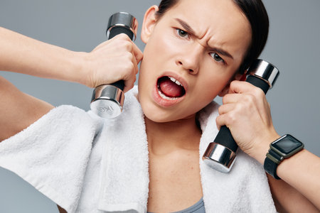 Female fitness portrait of a determined young woman holding two dumbbells to her temples, white...