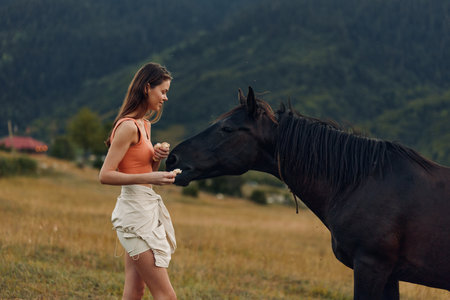 A young woman in casual attire feeds a horse in a grassy field, sharing a quiet, intimate moment. The scene conveys trust, harmony, and a gentle humanâanimal connection.の写真素材