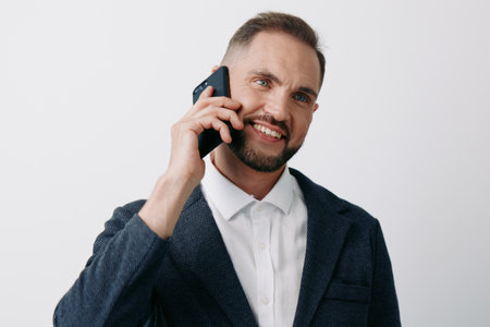 A confident male professional on a call, dressed in a smart blazer and white shirt, stands against a clean solid color background, conveying focus, leadership, and effective business communication.の写真素材