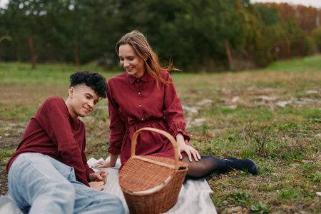 A candid outdoor picnic scene of a young couple sharing a quiet moment on a blanket, conveying authentic connection, natural smiles, relaxed posture and everyday warmth.の写真素材